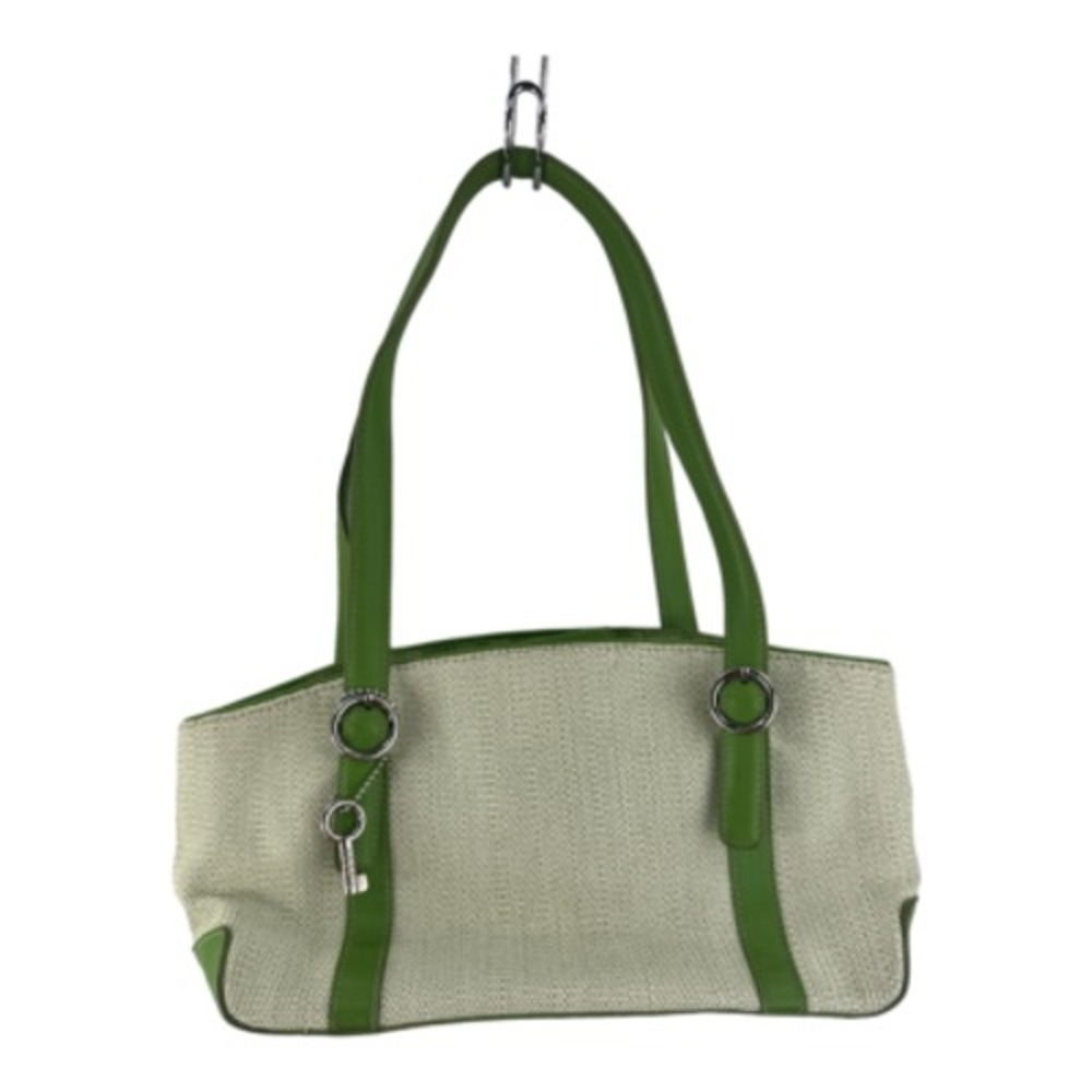 Fossil Shoulder Bag Womens Medium Green Cream Leather Woven Straw Good 75082